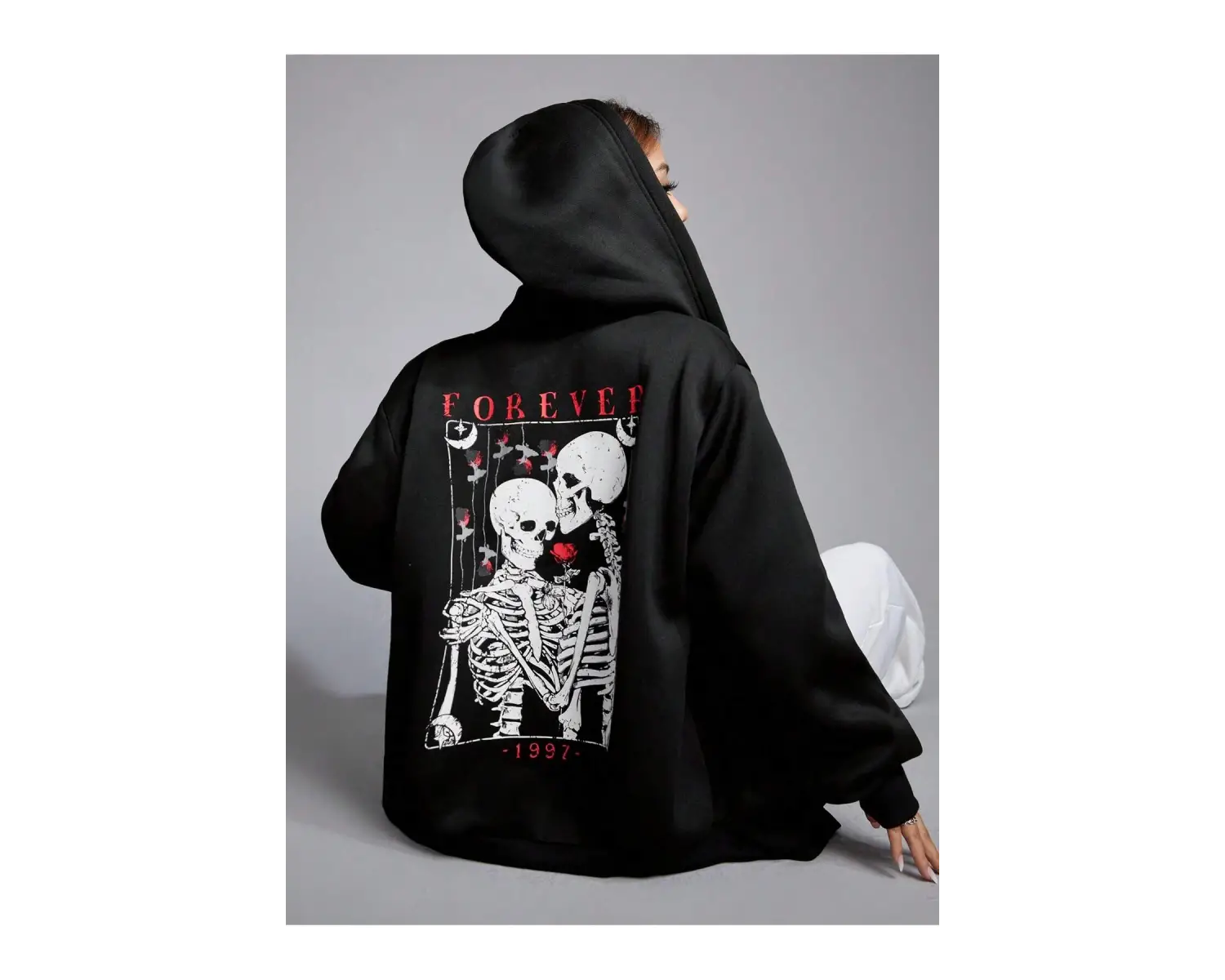 Skeleton & Letter Graphic Zip Up Hoodie Siyah