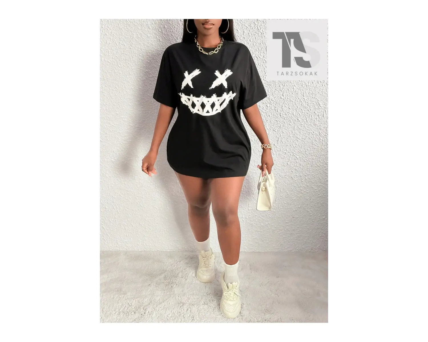 Slayr Kadın Eğlenceli Emoji Desenli Kısa Kollu Tişört