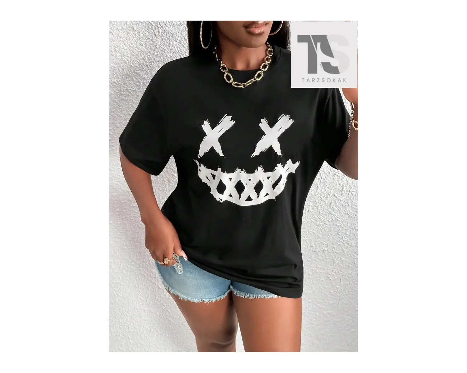 Slayr Kadın Eğlenceli Emoji Desenli Kısa Kollu Tişört