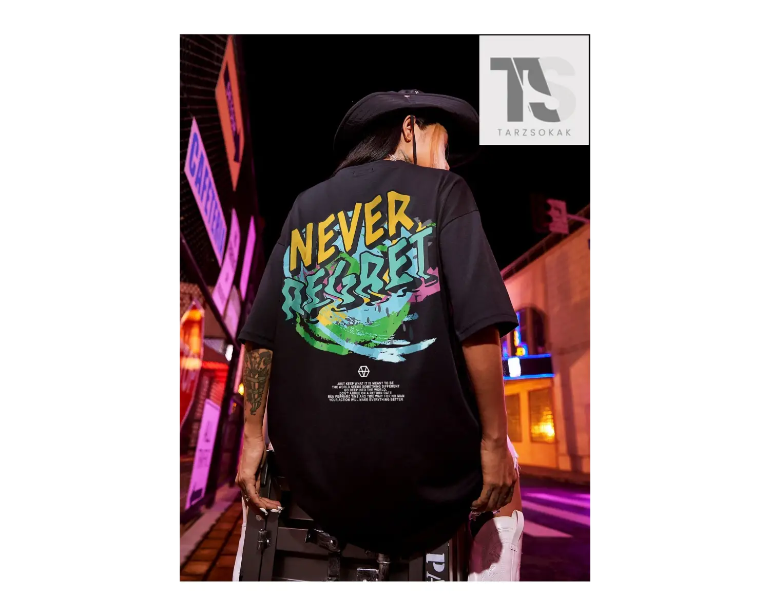 Slogan Grafikli Düşük Omuzlu Tişört