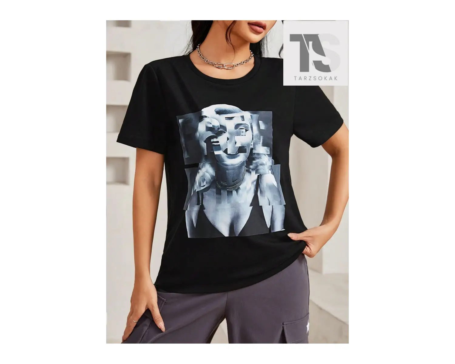 Slogan Grafikli Düşük Omuzlu Tişört