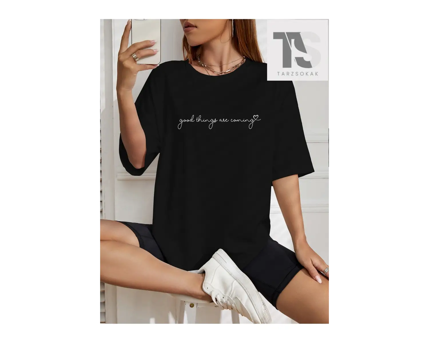 Slogan Grafikli Düşük Omuzlu Tişört