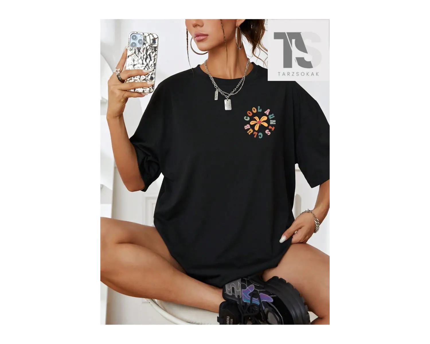 Slogan Grafikli Düşük Omuzlu Tişört