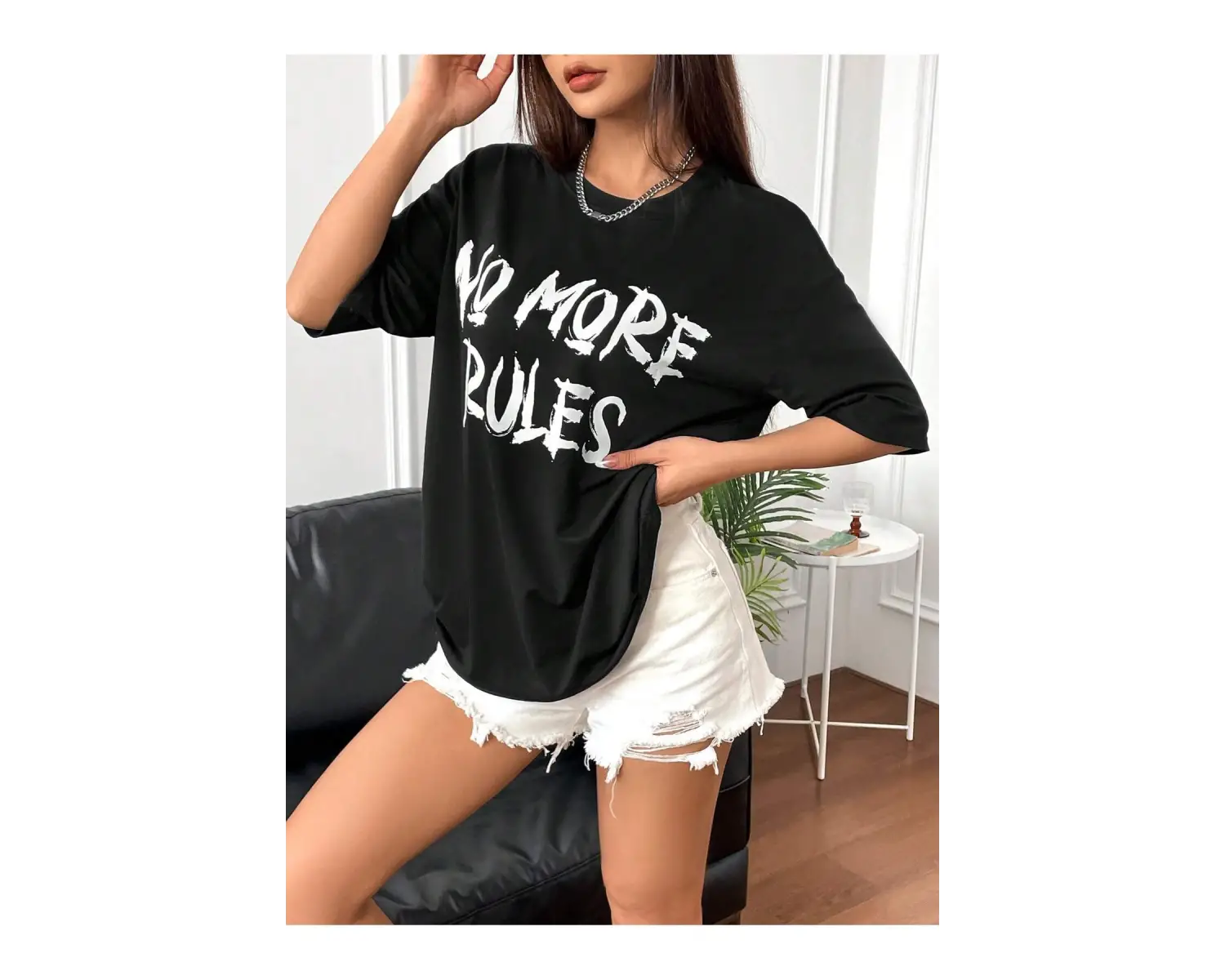 Slogan Grafikli Düşük Omuzlu Tişört