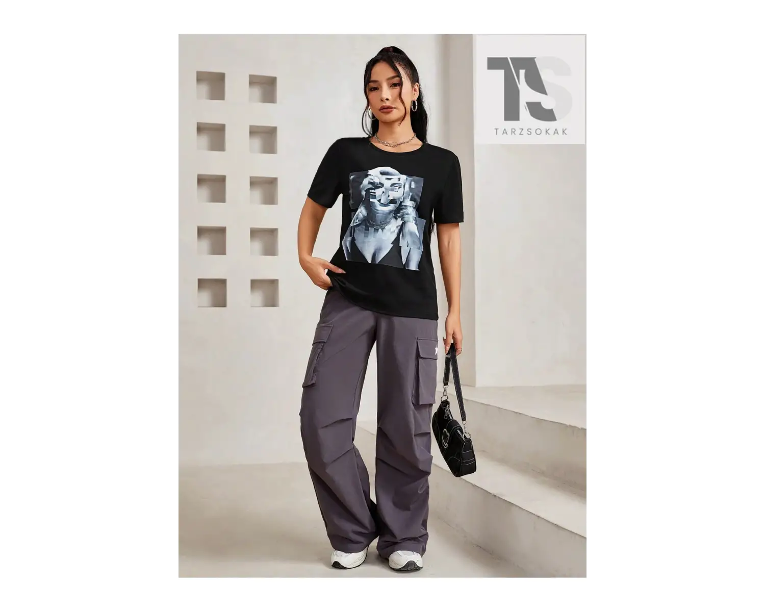 Slogan Grafikli Düşük Omuzlu Tişört