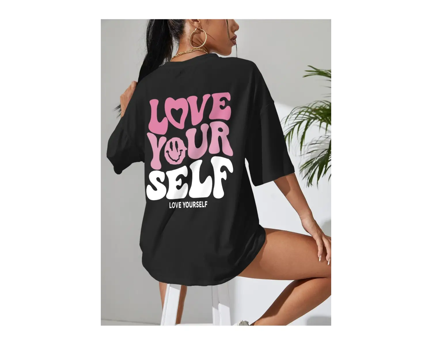 Slogan Grafikli Düşük Omuzlu Tişört