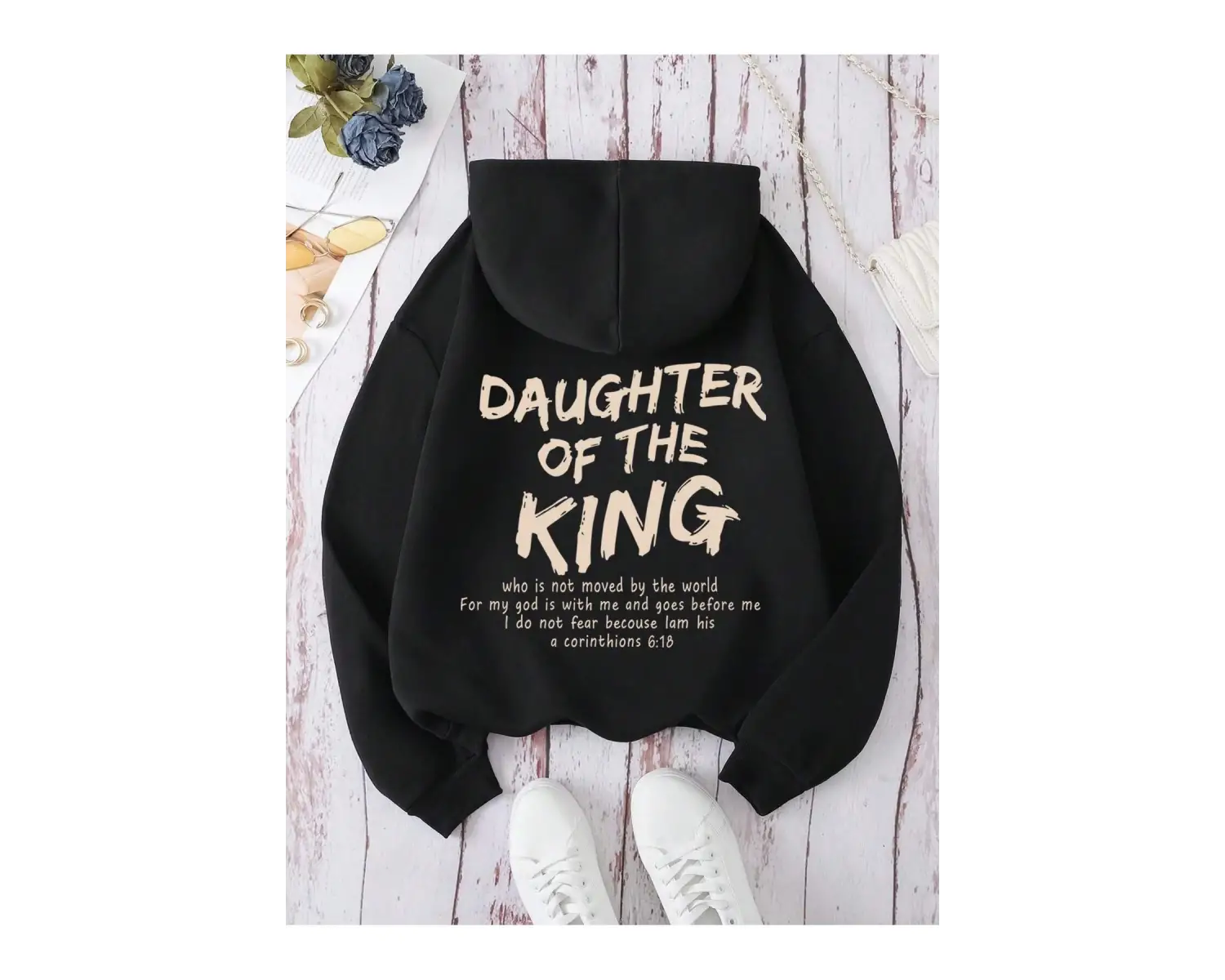 Slogan Grafikli Kanguru Cepli Büzgülü Kapüşonlu Üst Beyaz