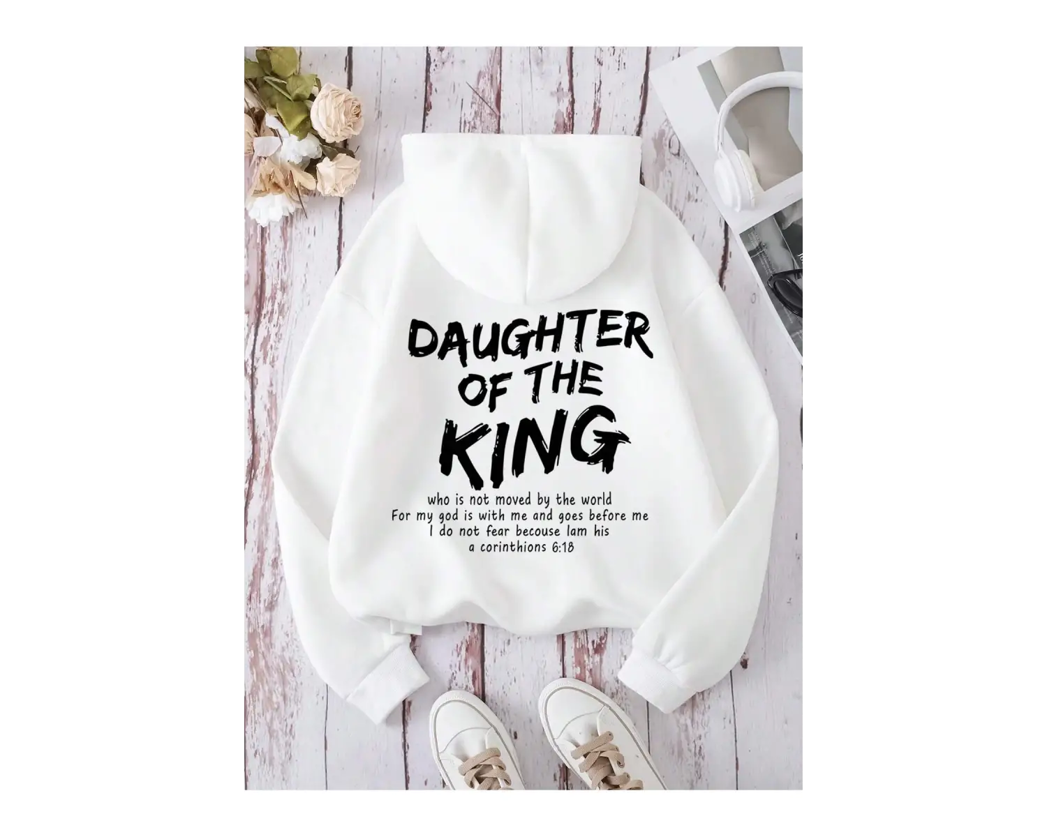 Slogan Grafikli Kanguru Cepli Büzgülü Kapüşonlu Üst Beyaz