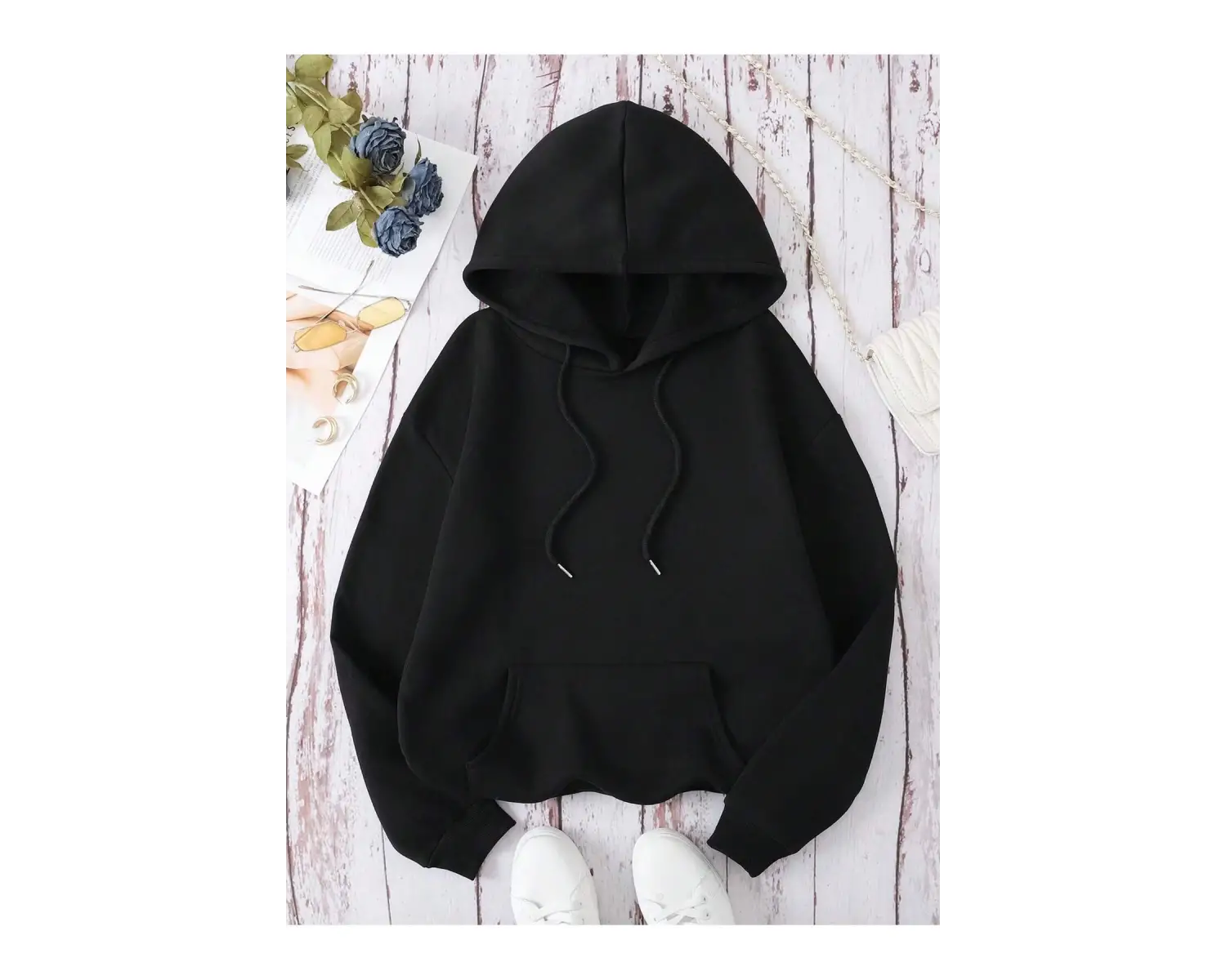 Slogan Grafikli Kanguru Cepli Büzgülü Kapüşonlu Üst Beyaz