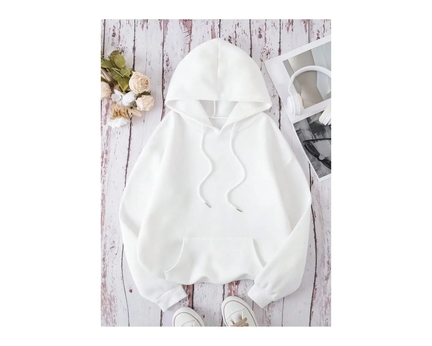 Slogan Grafikli Kanguru Cepli Büzgülü Kapüşonlu Üst Beyaz