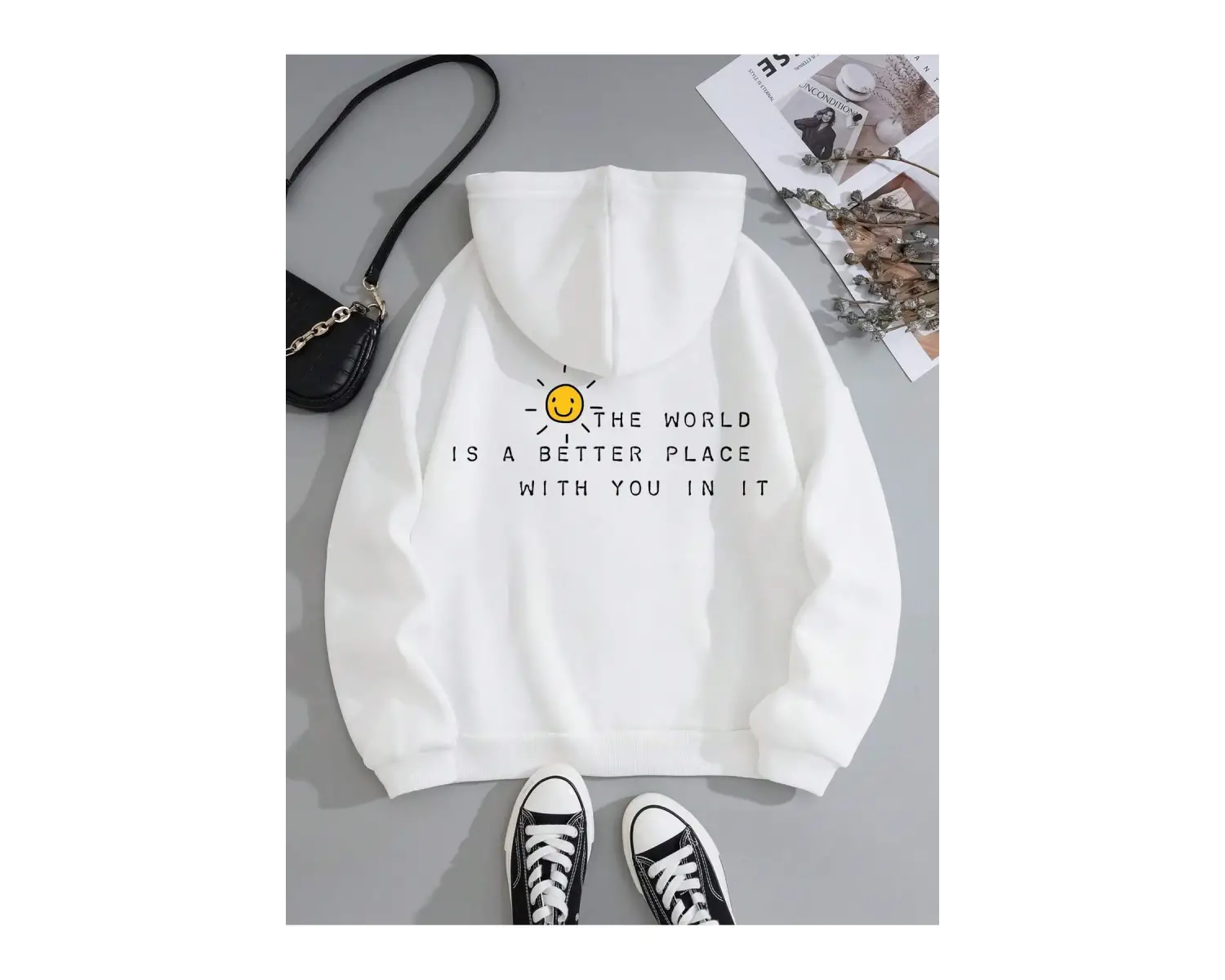 Slogan Graphic Drawstring Lined Kangaroo Pocket Hoodie Beyaz