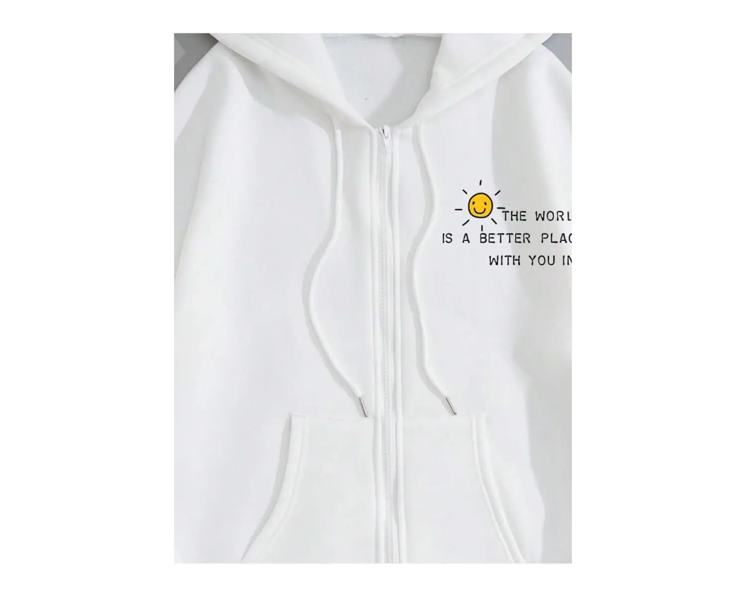 Slogan Graphic Drawstring Lined Kangaroo Pocket Hoodie Beyaz