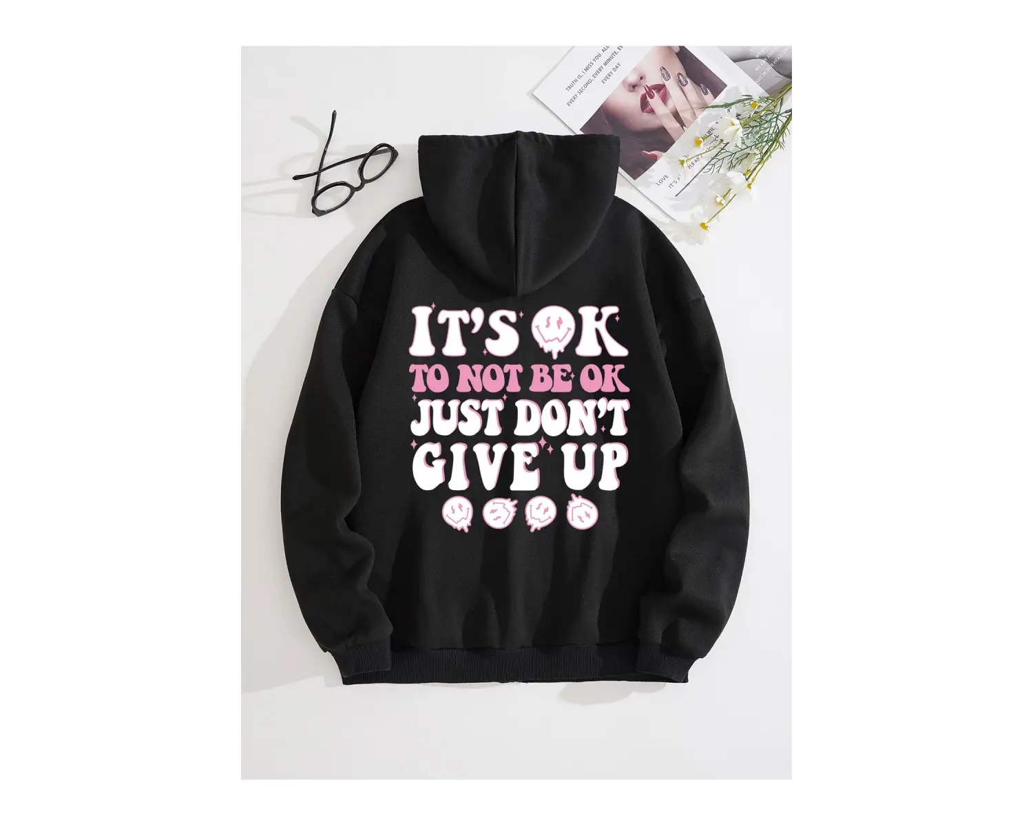 Slogan Graphic Zip Up Drawstring Lined Hoodie Siyah