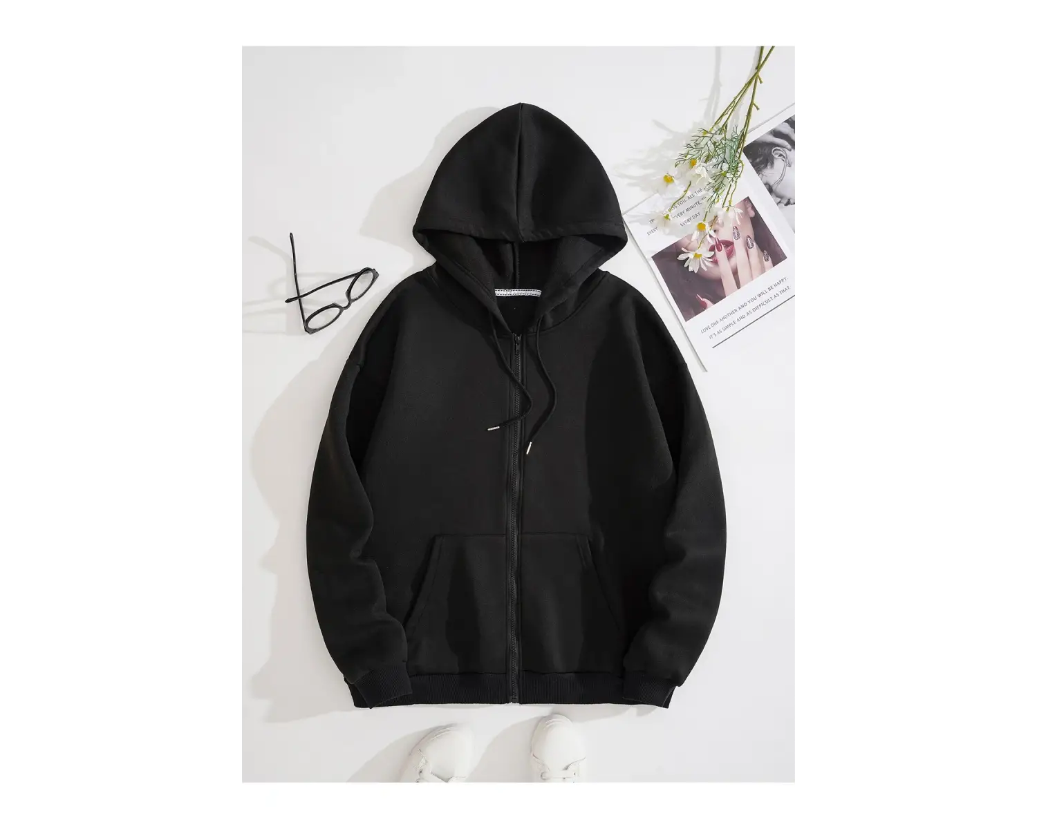 Slogan Graphic Zip Up Drawstring Lined Hoodie Siyah