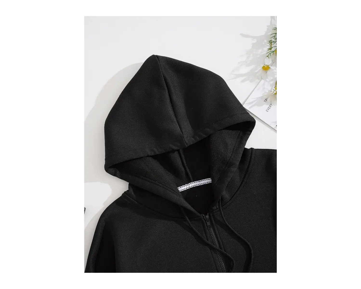 Slogan Graphic Zip Up Drawstring Lined Hoodie Siyah