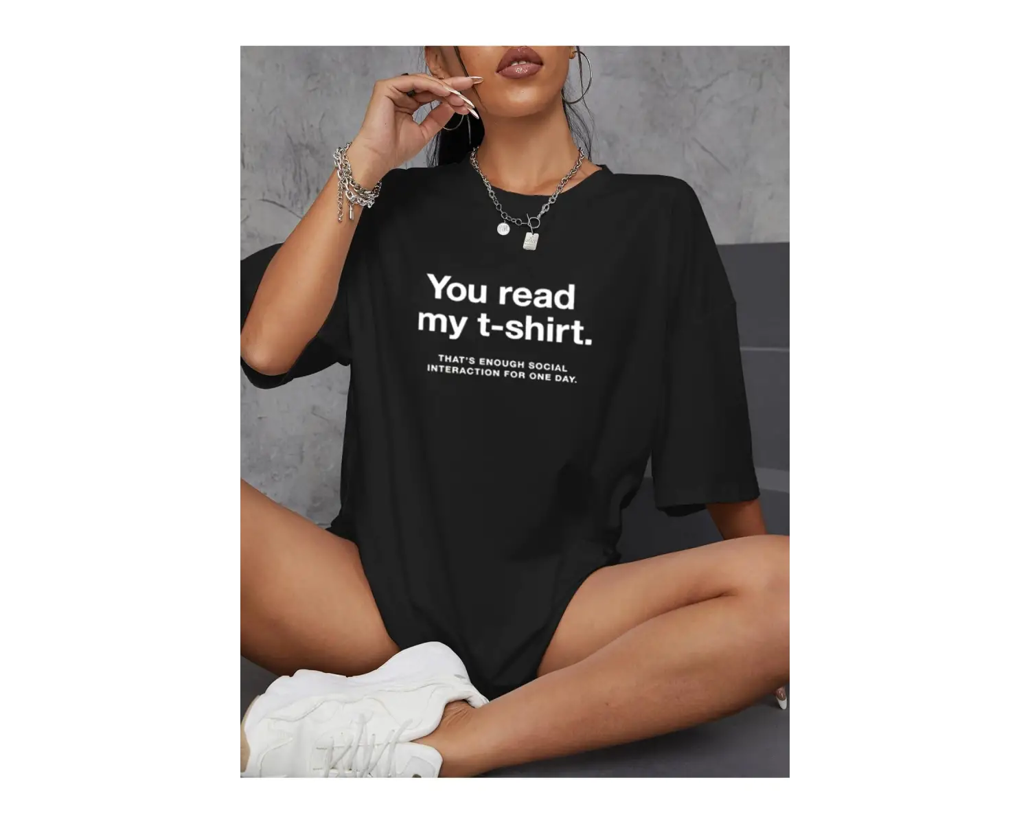 Sloganlı Grafik Düşük Omuz Oversize Tişört