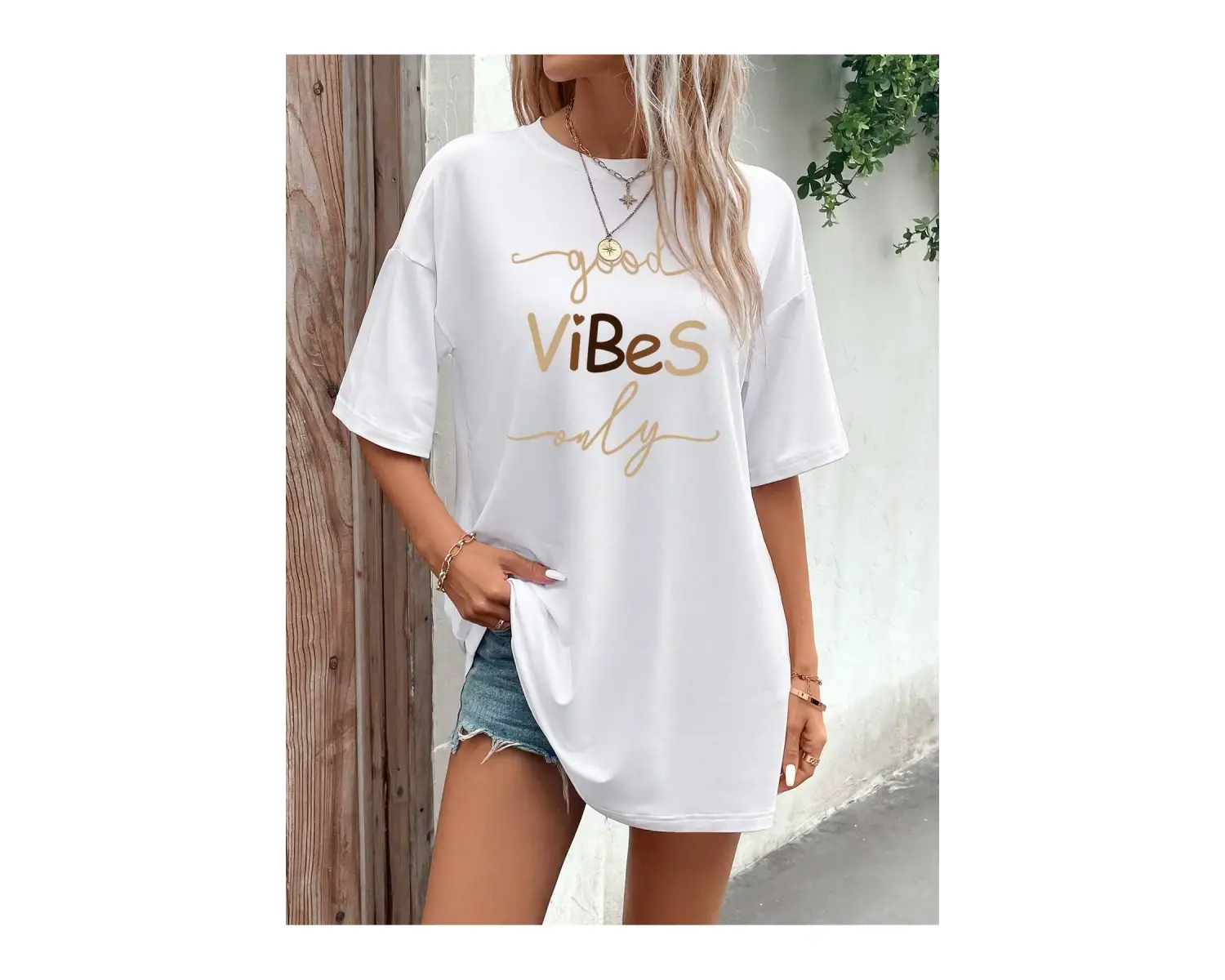 Sloganlı Grafik Düşük Omuz Tişört