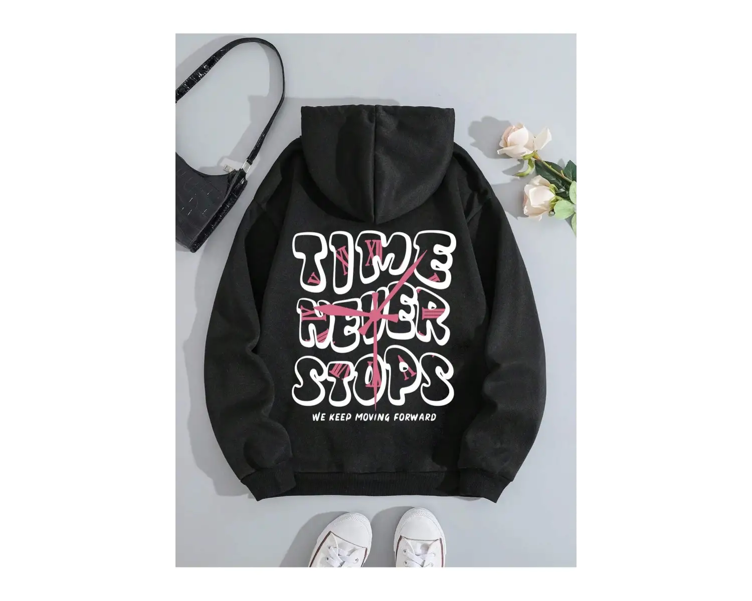 Sloganlı Grafik İpli Kapüşonlu Üst Gri