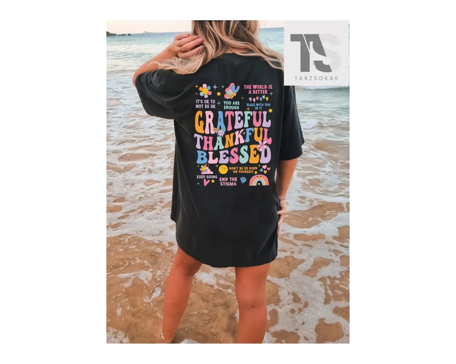 Sloganlı ve Karikatür Baskılı Düşük Omuzlu Tişört