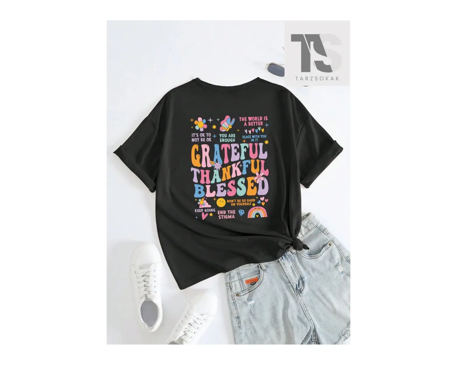 Sloganlı ve Karikatür Baskılı Düşük Omuzlu Tişört