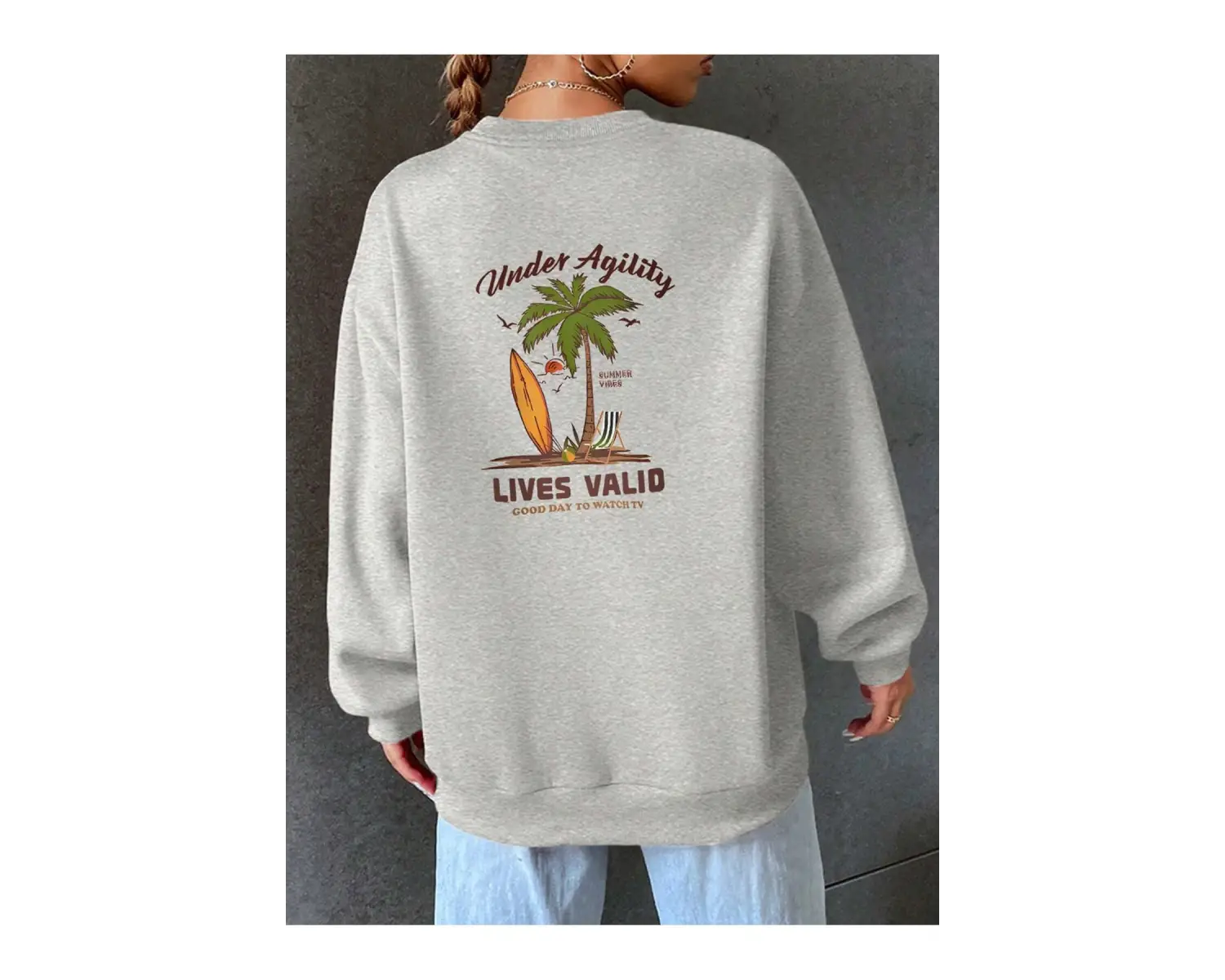 Sloganlı ve Tropikal Baskılı Düşük Sweat Gri