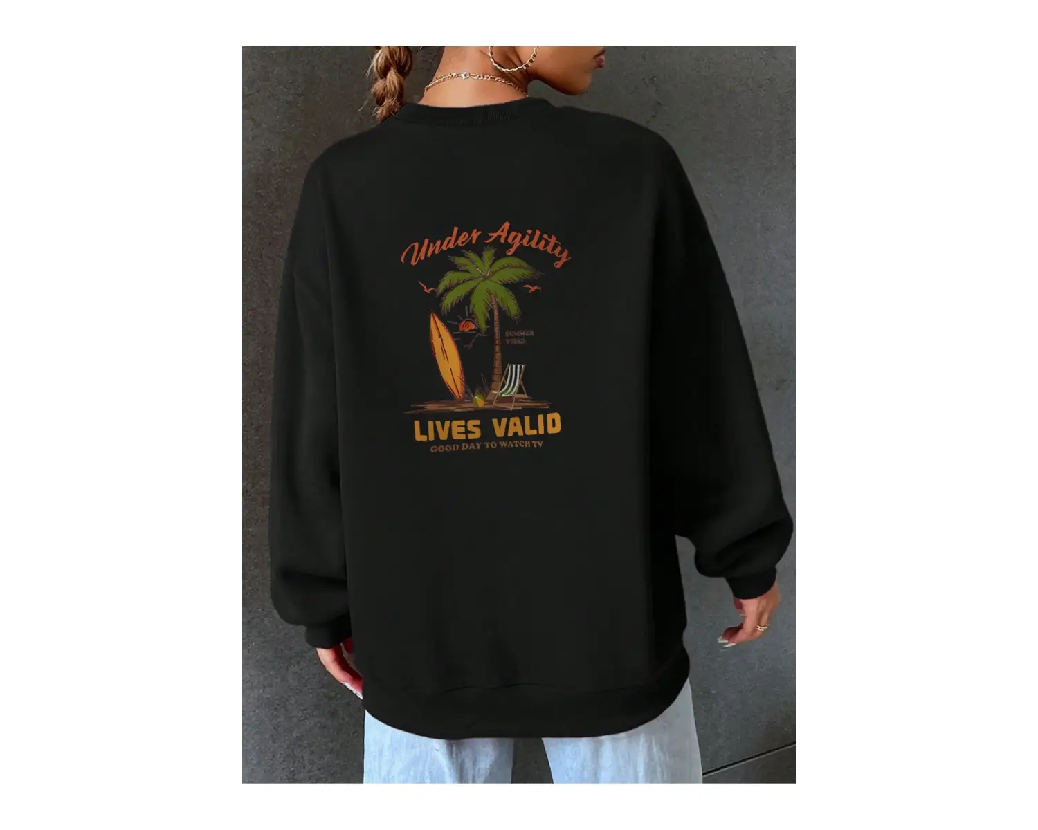 Sloganlı ve Tropikal Baskılı Düşük Sweat Gri