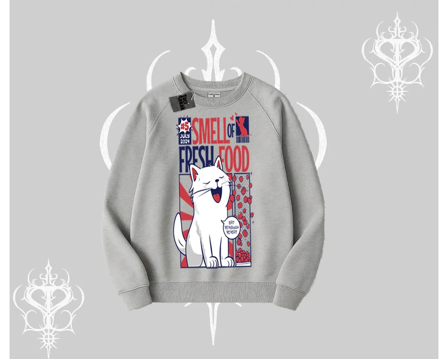Smell of Fresh Food Kedi Baskılı Biskilet Sweatshirt