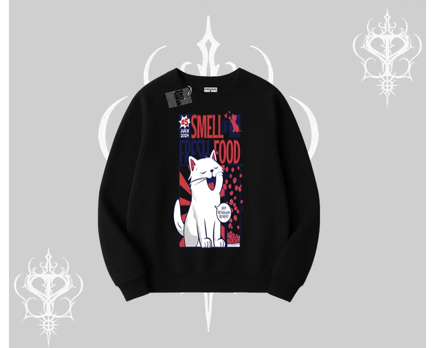 Smell of Fresh Food Kedi Baskılı Biskilet Sweatshirt