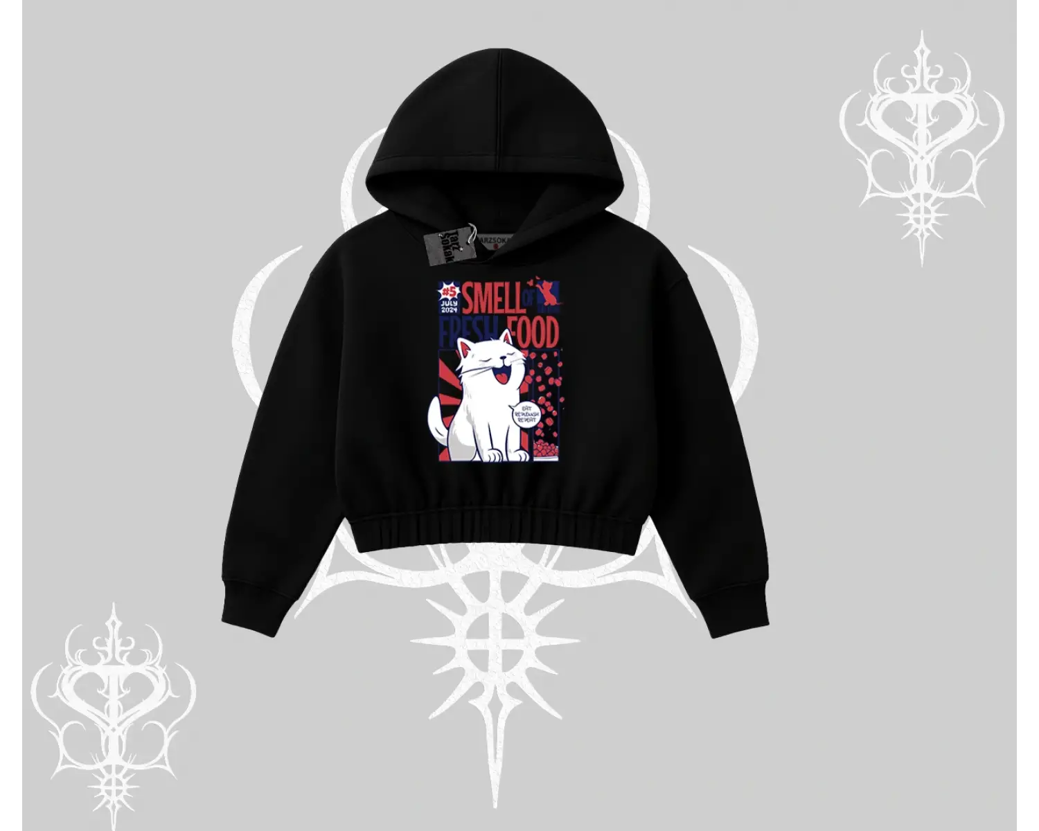 Smell of Fresh Food Kedi Baskılı Kapşonlu Crop Sweatshirt