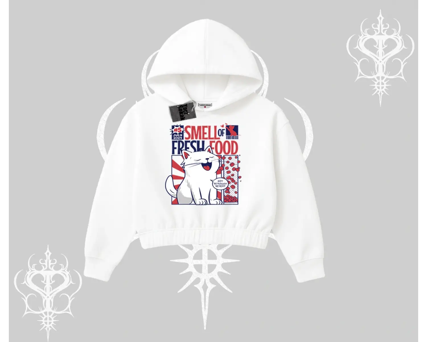 Smell of Fresh Food Kedi Baskılı Kapşonlu Crop Sweatshirt