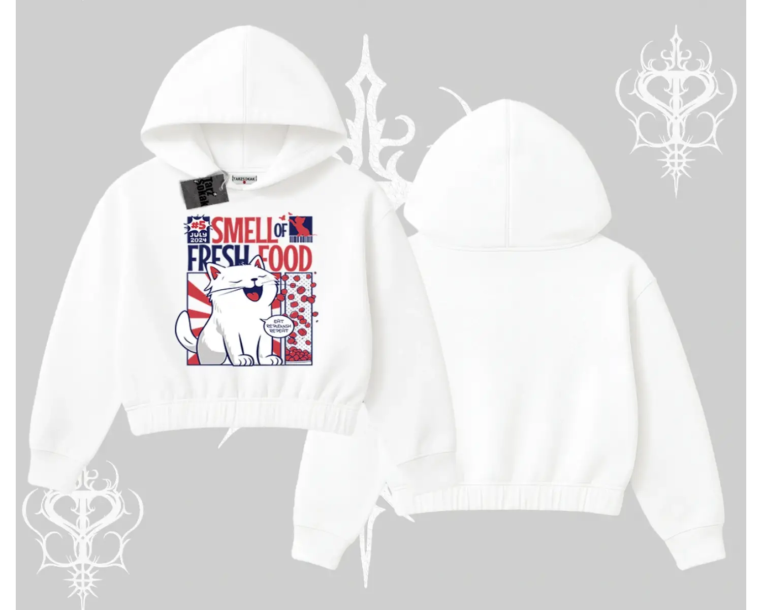 Smell of Fresh Food Kedi Baskılı Kapşonlu Crop Sweatshirt