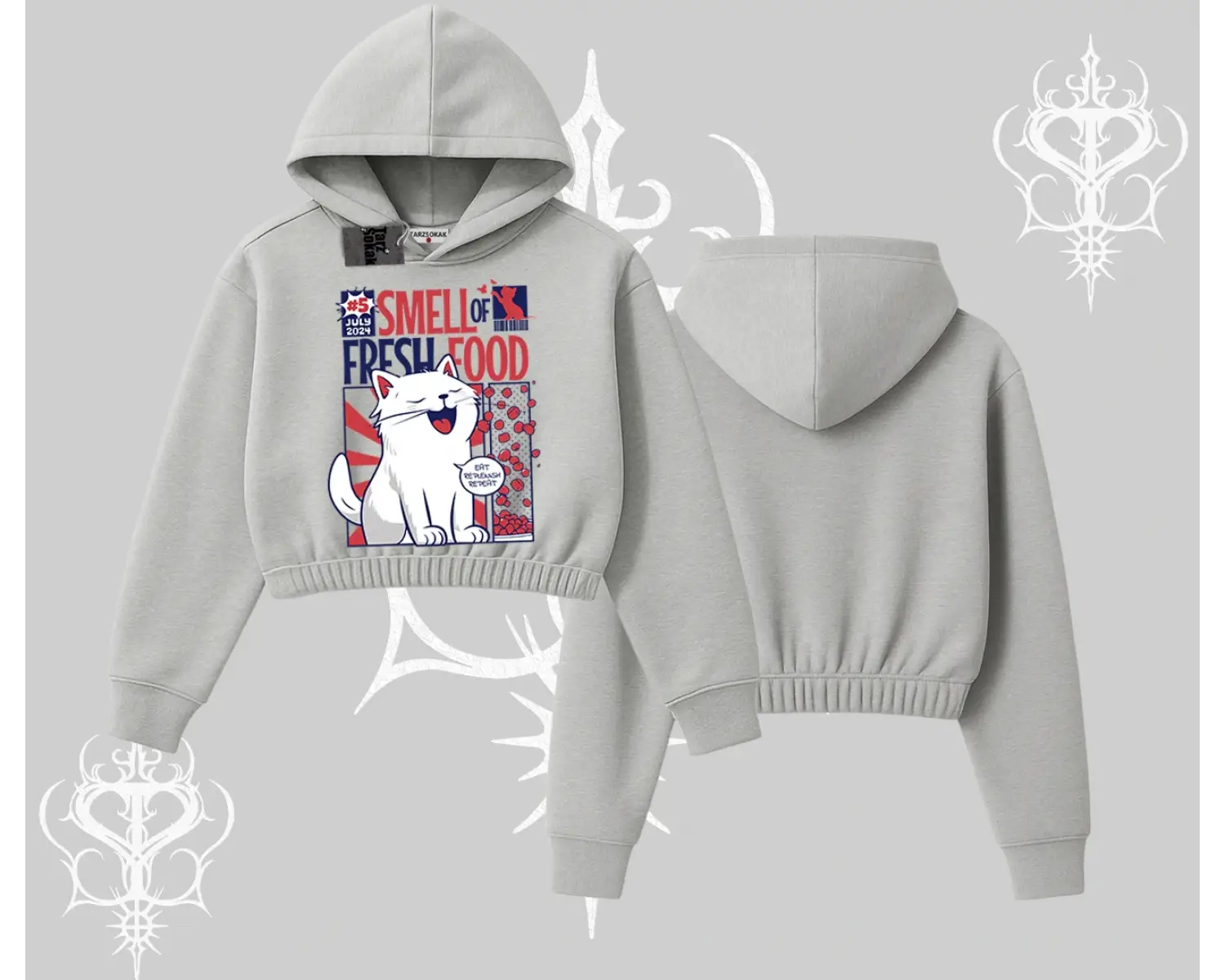 Smell of Fresh Food Kedi Baskılı Kapşonlu Crop Sweatshirt