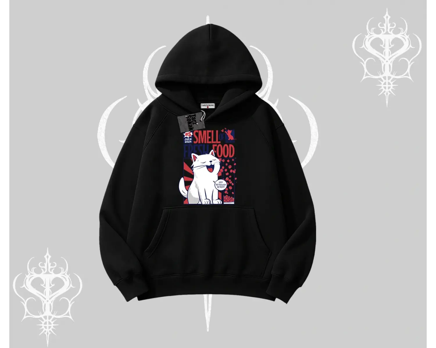 Smell of Fresh Food Kedi Baskılı Kapşonlu Sweatshirt