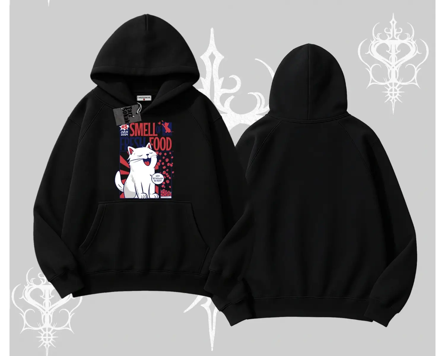 Smell of Fresh Food Kedi Baskılı Kapşonlu Sweatshirt