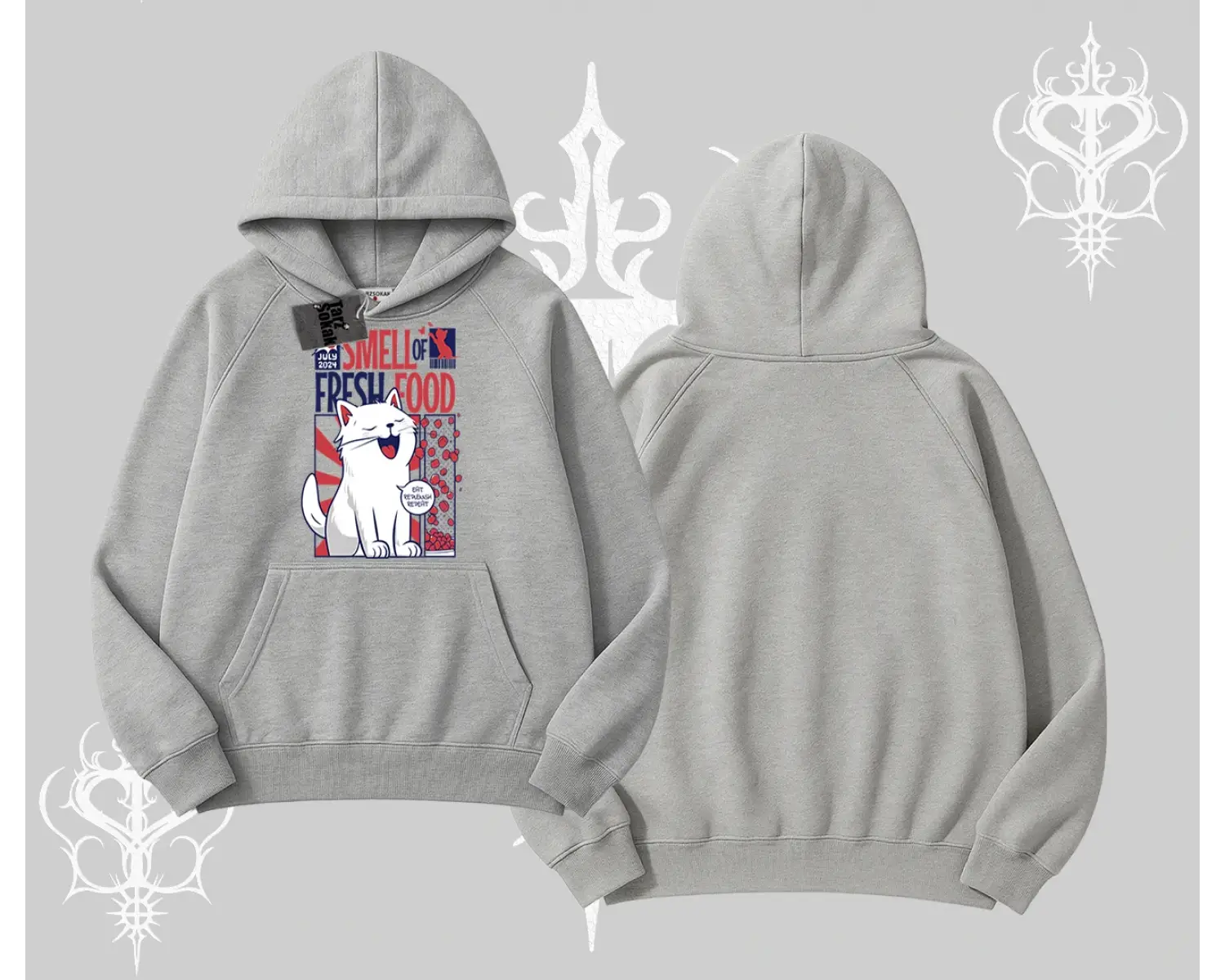 Smell of Fresh Food Kedi Baskılı Kapşonlu Sweatshirt