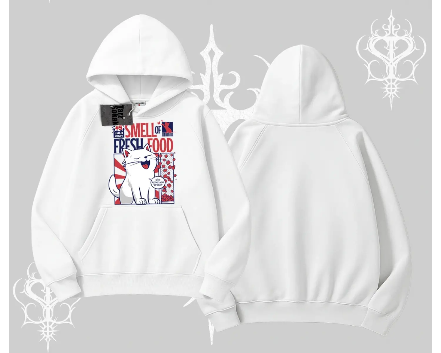 Smell of Fresh Food Kedi Baskılı Kapşonlu Sweatshirt