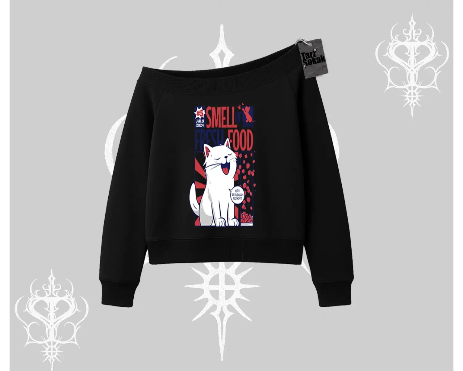 Smell of Fresh Food Kedi Baskılı Kayık Yaka Sweatshirt