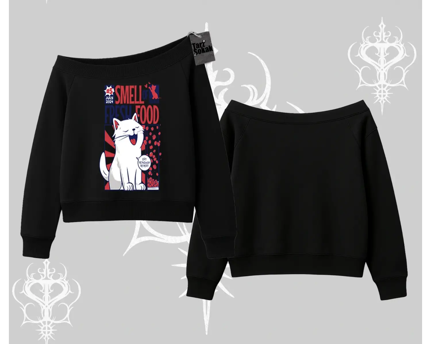 Smell of Fresh Food Kedi Baskılı Kayık Yaka Sweatshirt