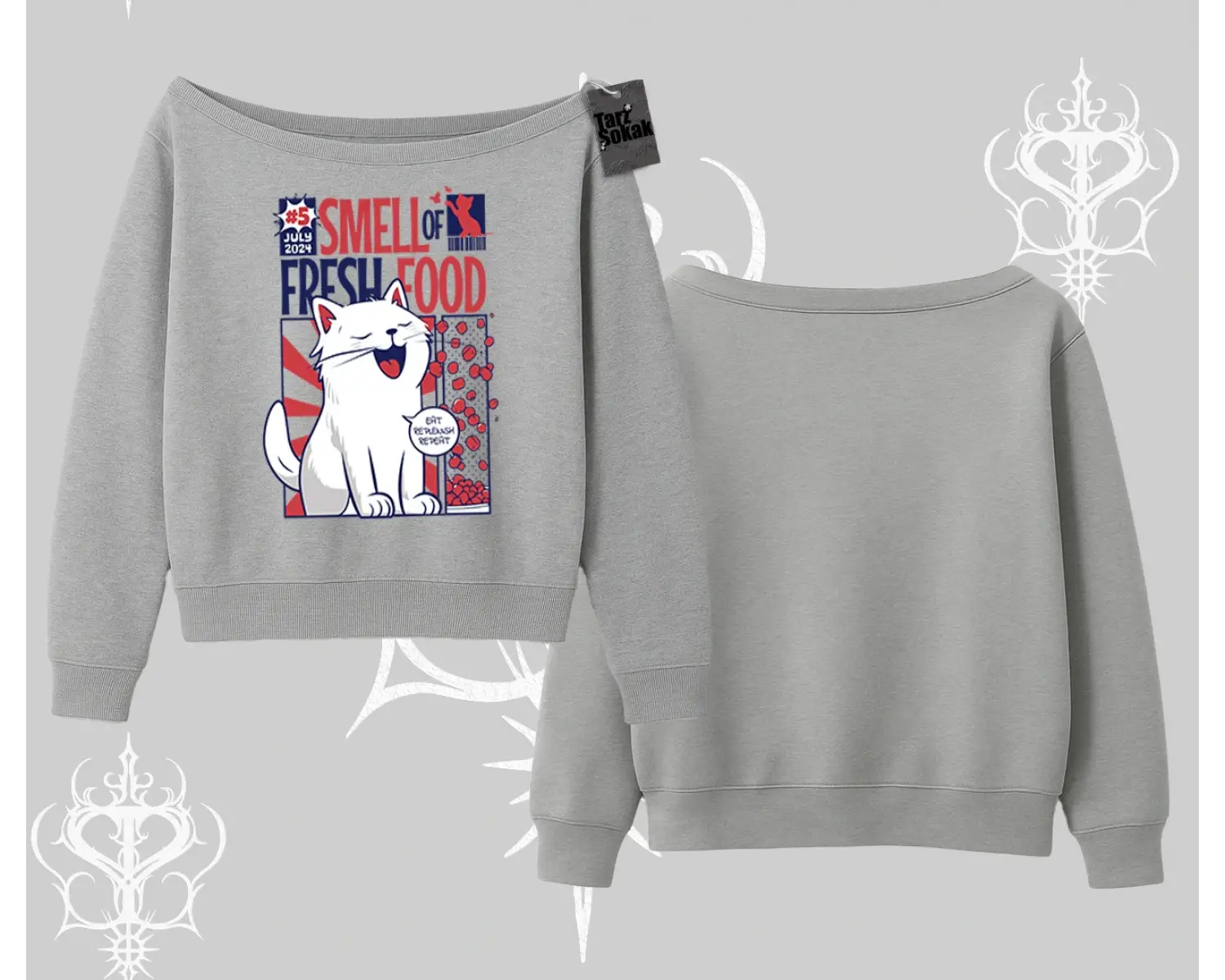 Smell of Fresh Food Kedi Baskılı Kayık Yaka Sweatshirt