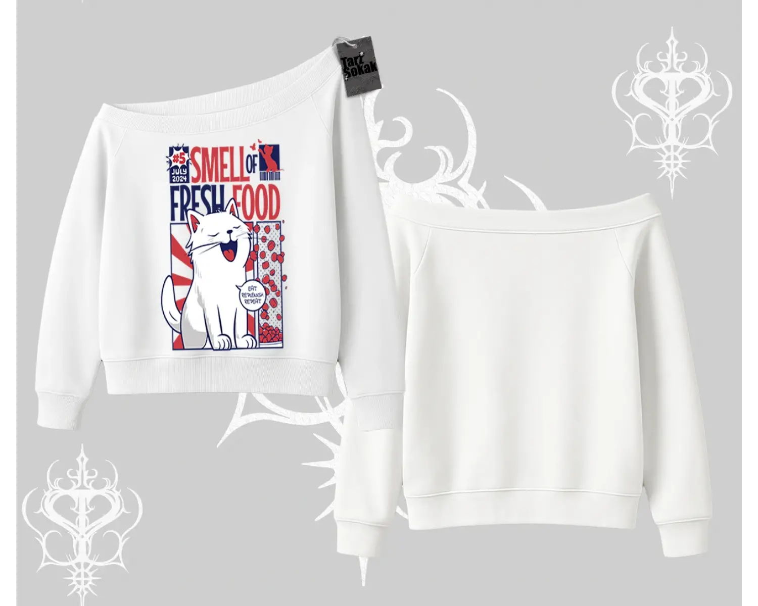 Smell of Fresh Food Kedi Baskılı Kayık Yaka Sweatshirt