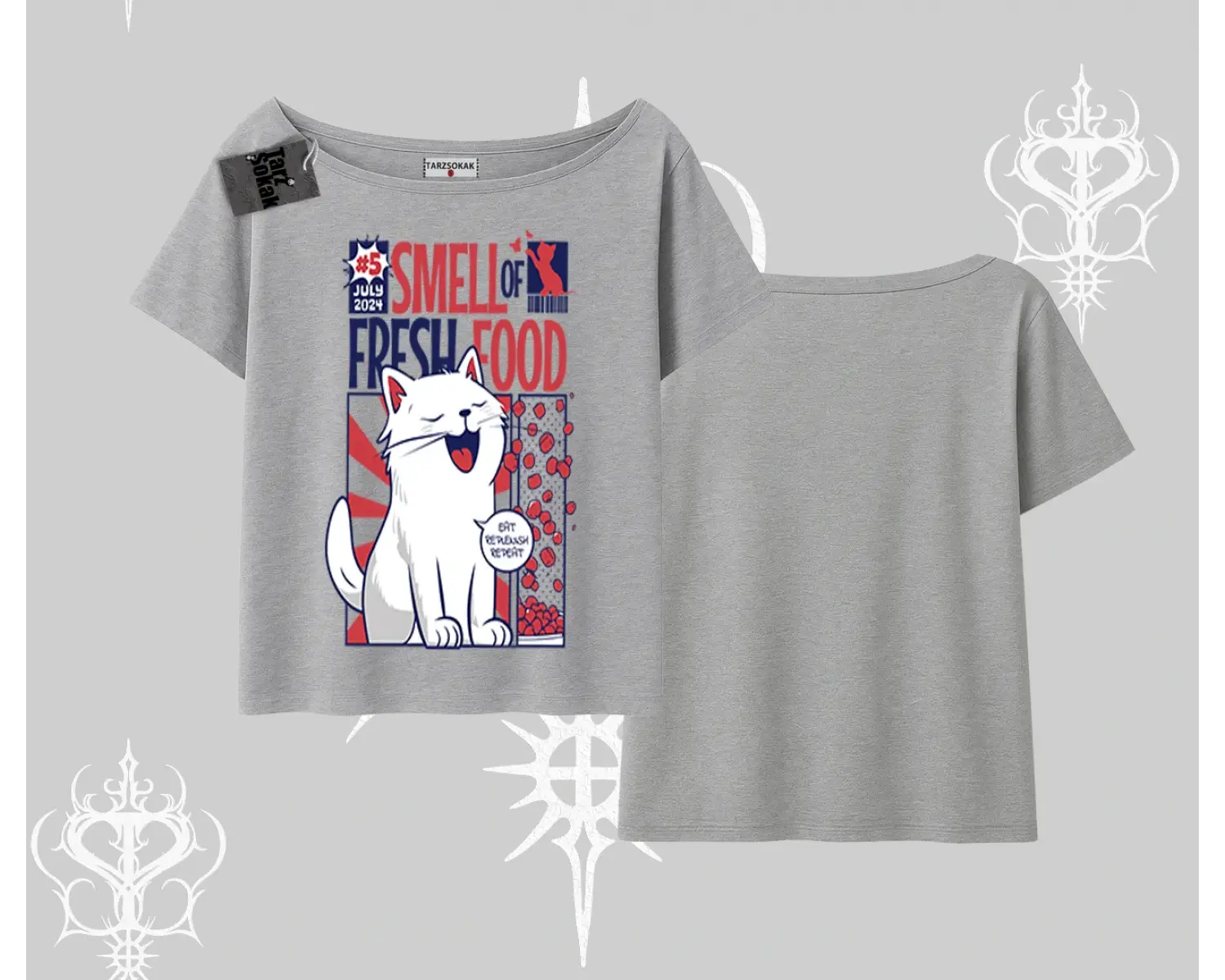 Smell of Fresh Food Kedi Baskılı Kayık Yaka Tshirt