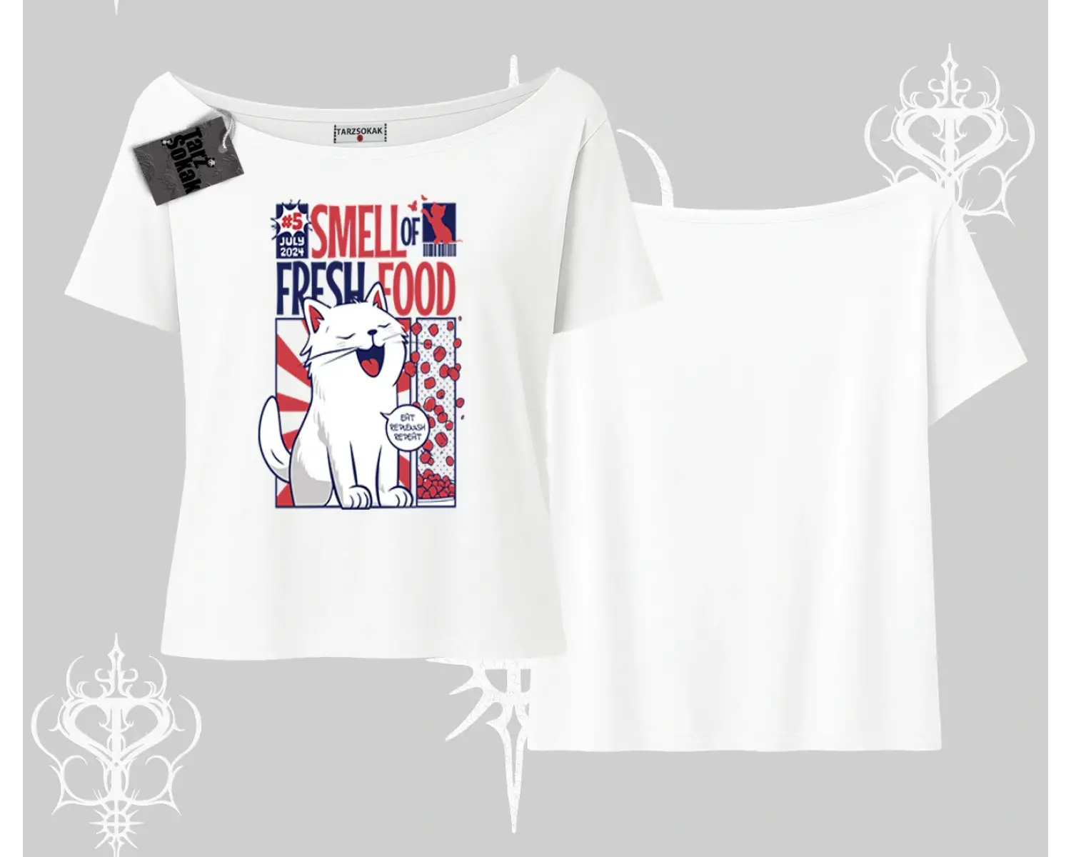 Smell of Fresh Food Kedi Baskılı Kayık Yaka Tshirt