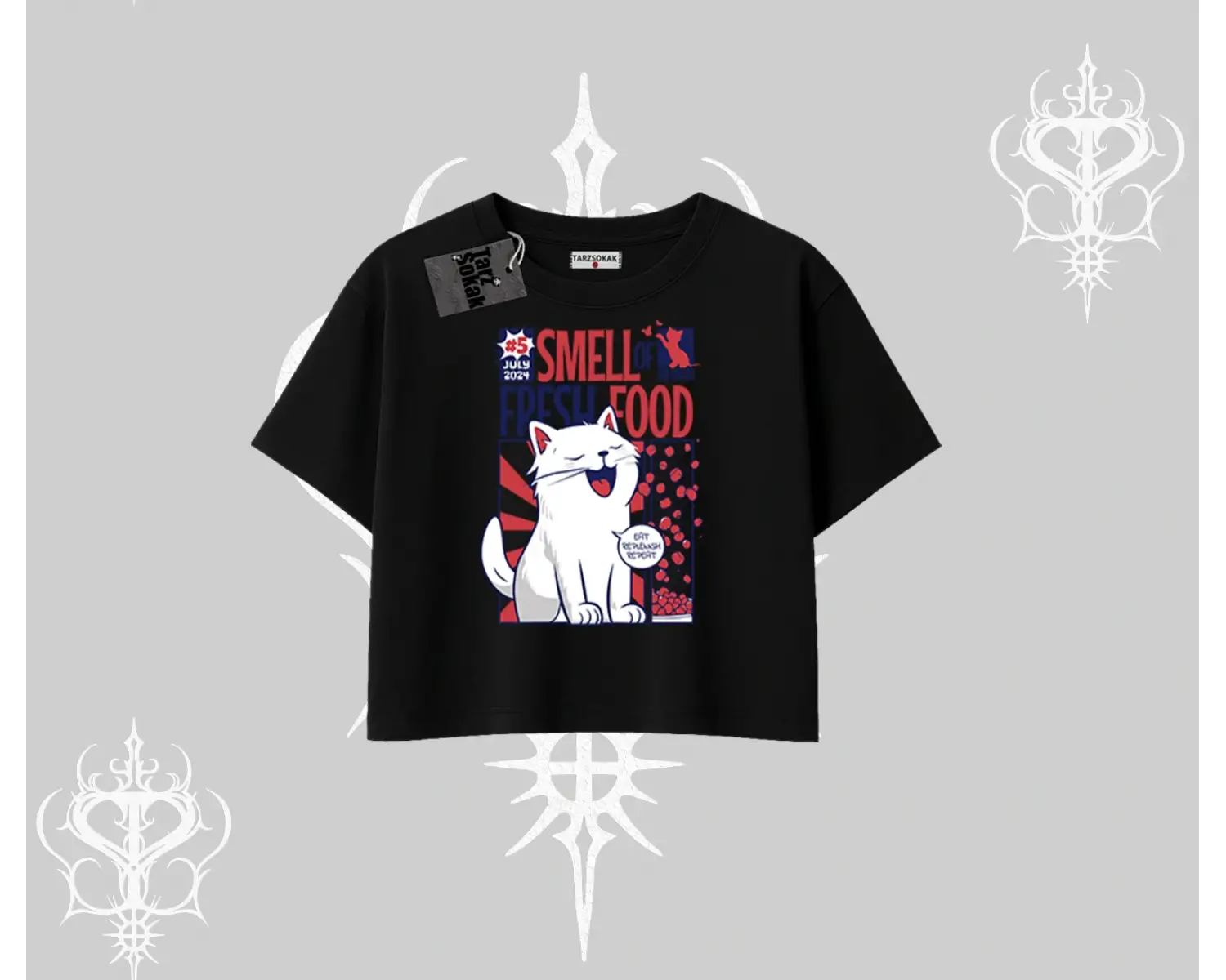 Smell of Fresh Food Kedi Baskılı Oversize Crop Tshirt