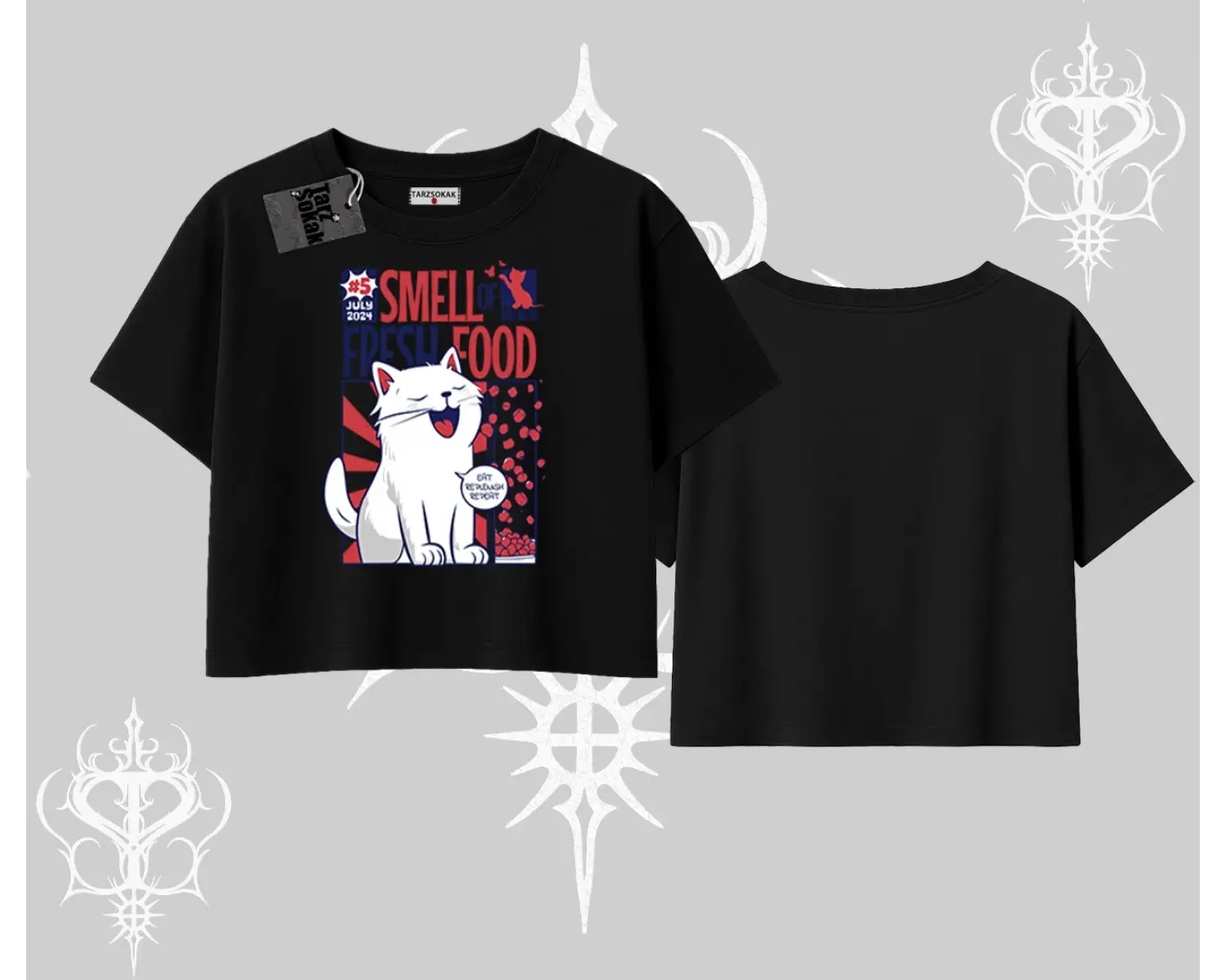 Smell of Fresh Food Kedi Baskılı Oversize Crop Tshirt