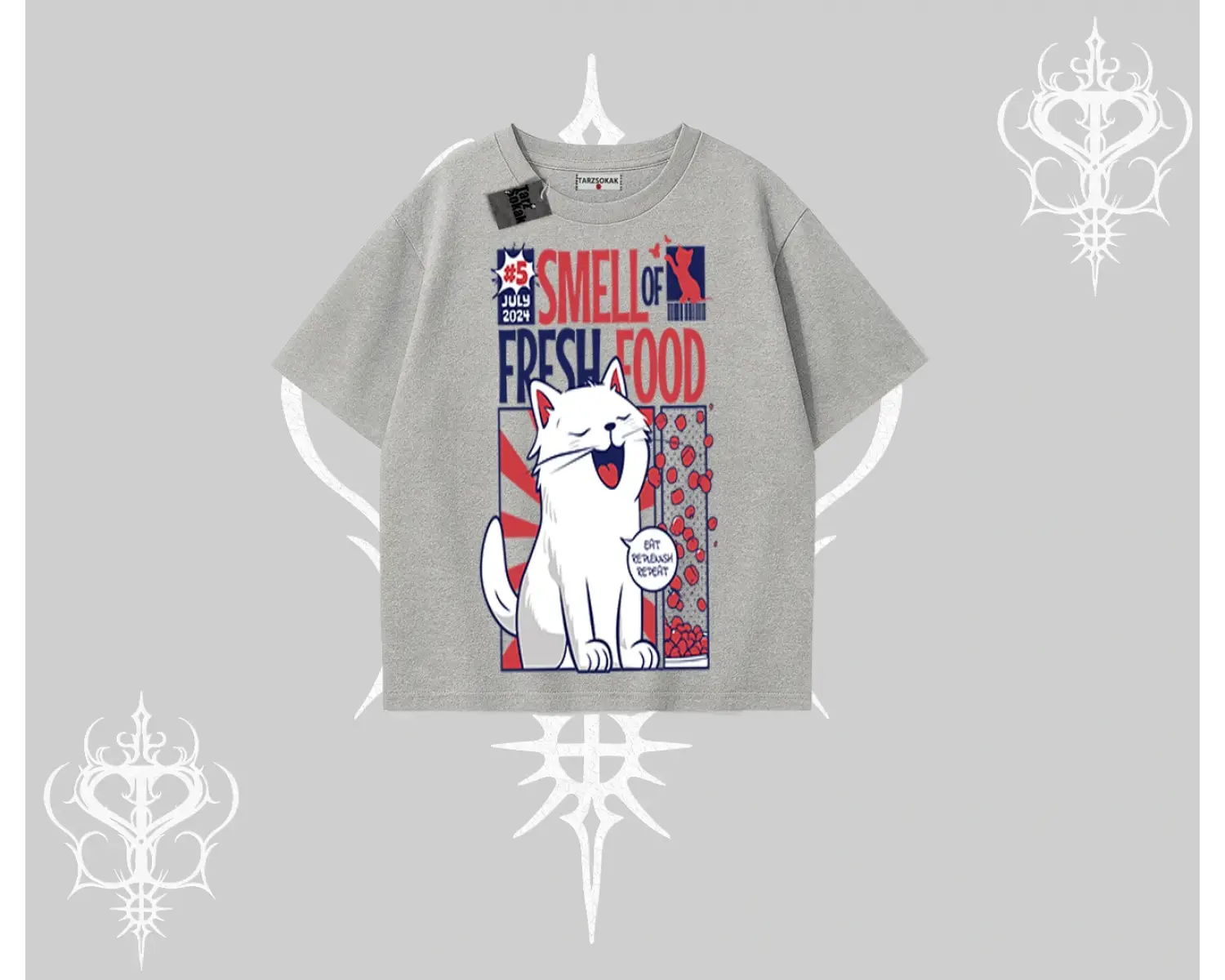 Smell of Fresh Food Kedi Baskılı Oversize Tshirt