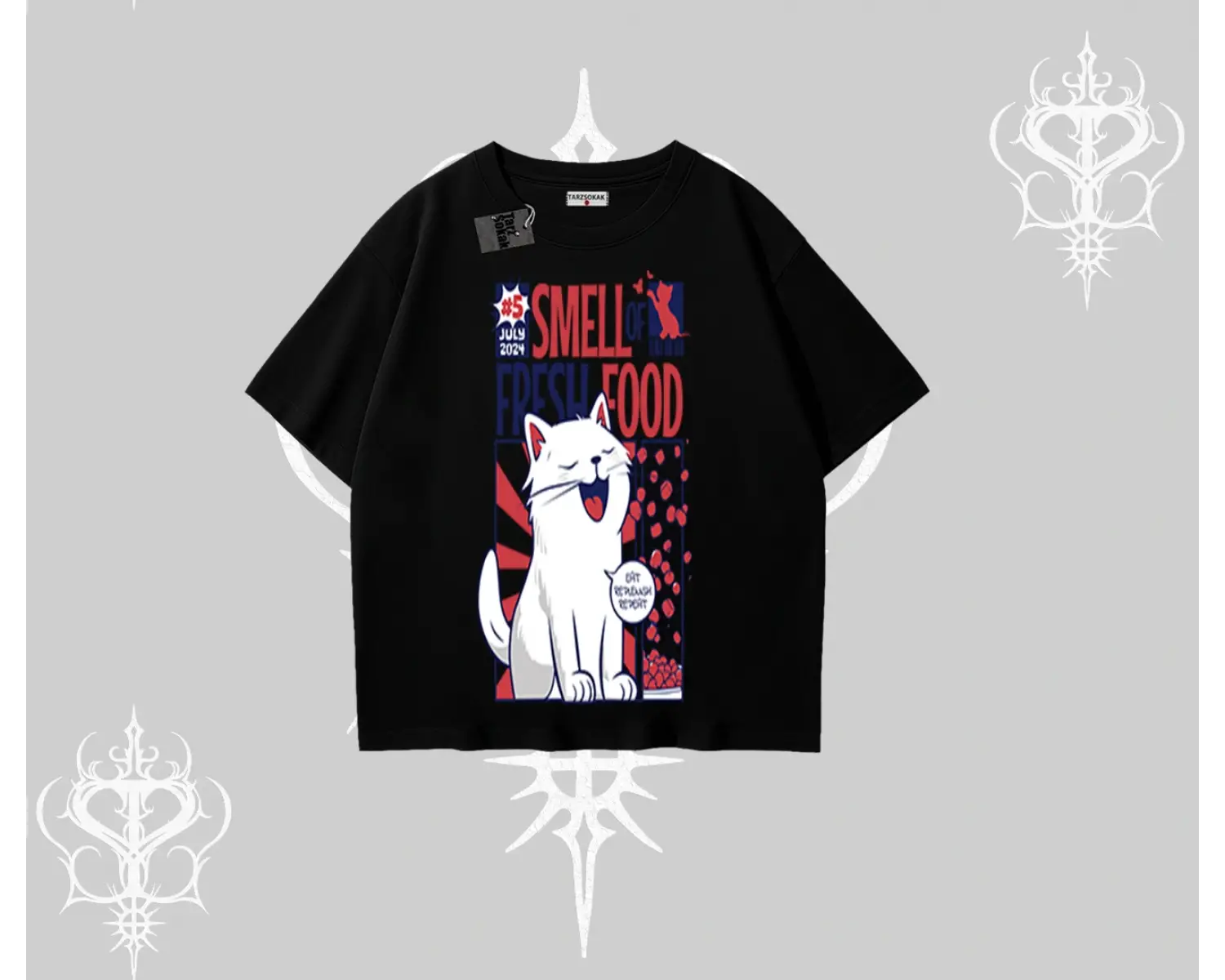 Smell of Fresh Food Kedi Baskılı Oversize Tshirt