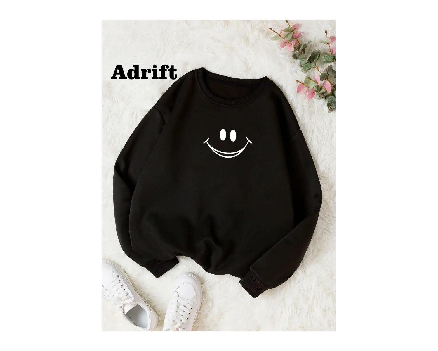 Smile Renkli Oversize Bisiklet Yaka Pamuklu Sweatshirt Siyah