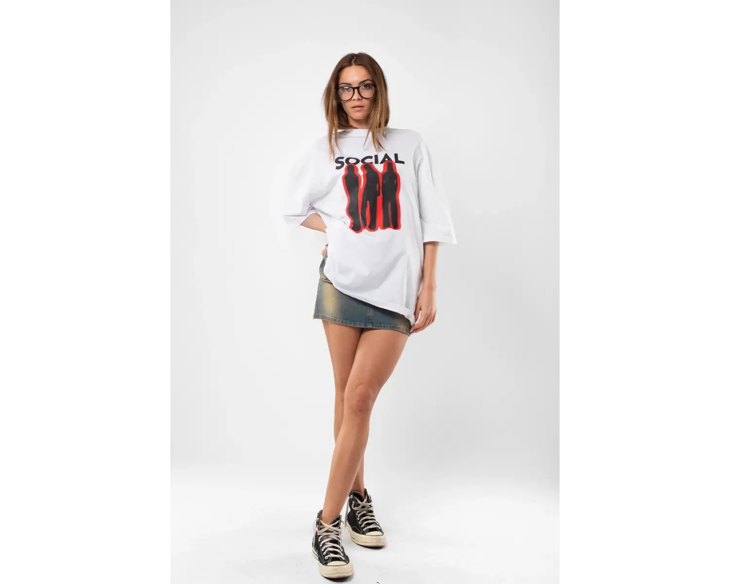 Social Baskılı Beyaz Unisex Oversize