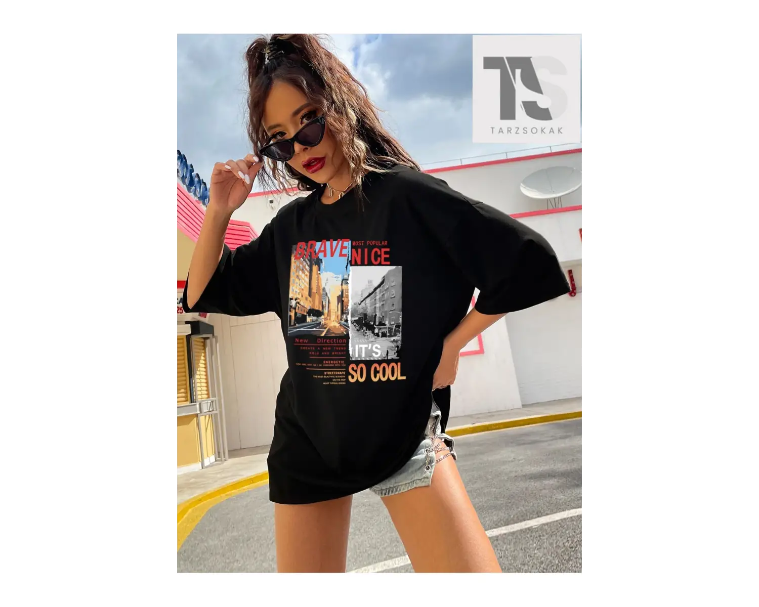 Sokak Görünümü ve Slogan Grafikli Düşük Omuzlu Oversize Tişört