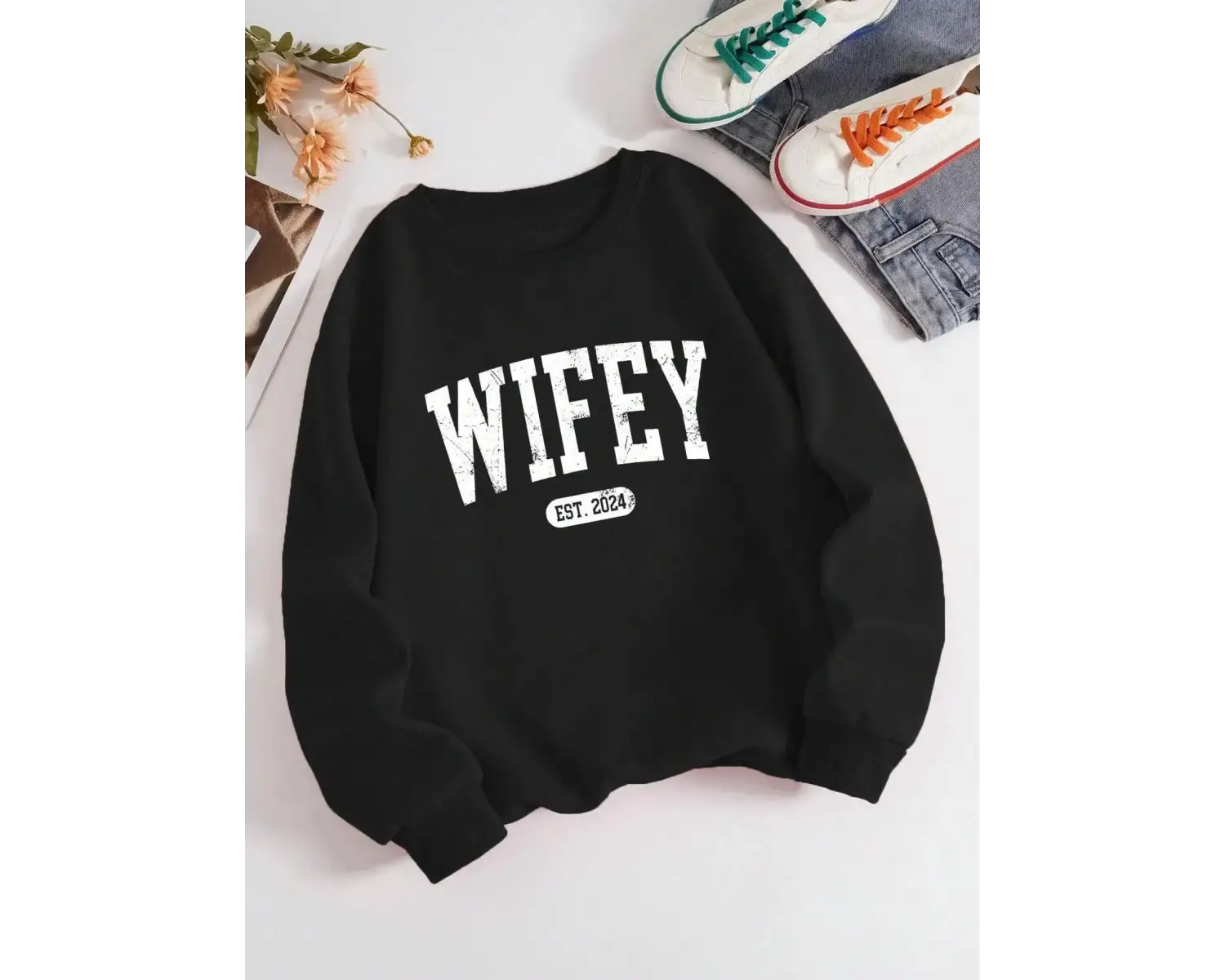 Sokak Rahat Kadın Kazak Wifey EST.2024 Mektup Baskı Kazak Sıcak Yumuşak Hoodies Gevşek Crewne